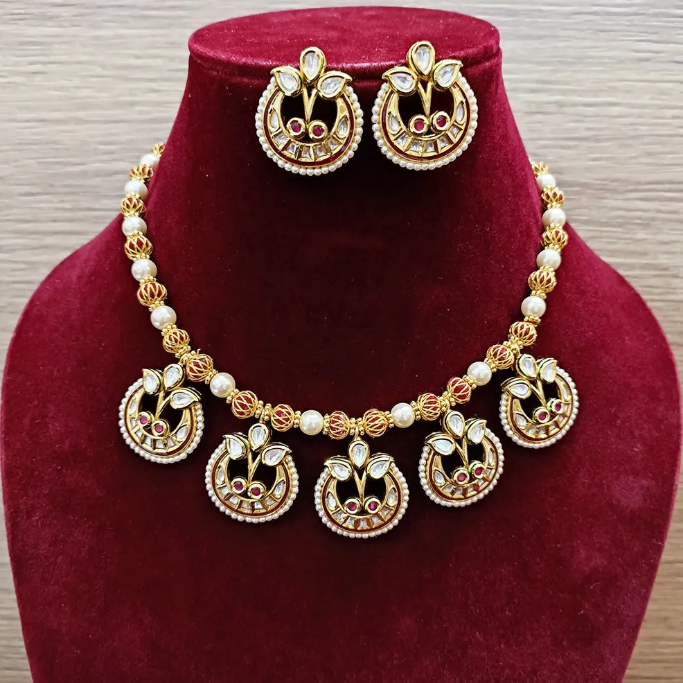 Designer Gold Plated Kundan & Ruby Stone Necklace with Earrings (D334)