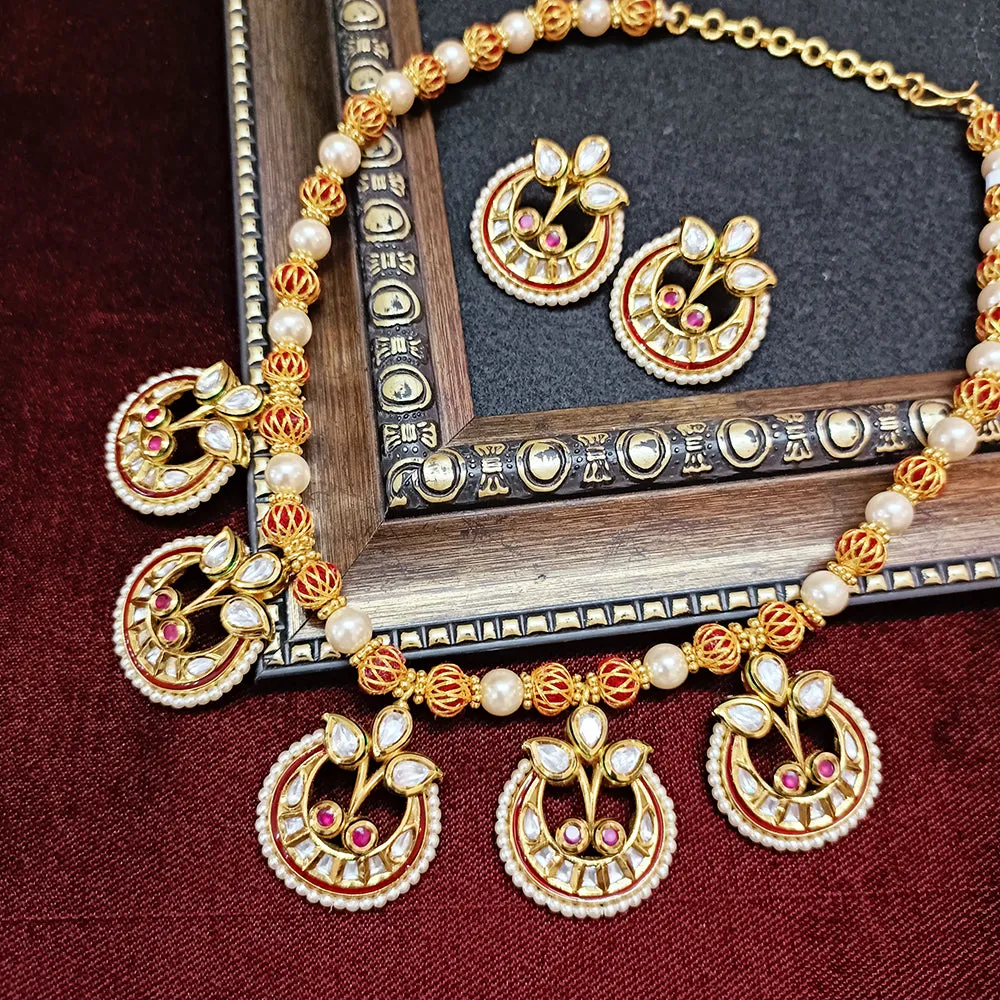 Designer Gold Plated Kundan & Ruby Stone Necklace with Earrings (D334)