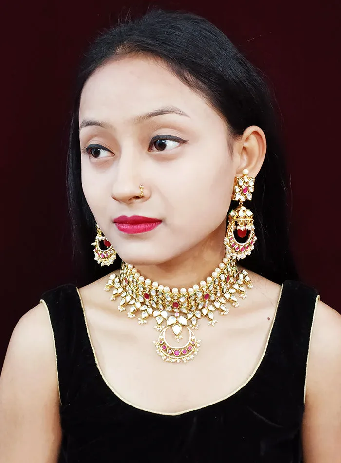 Designer Gold Plated Multi Layer Royal Kundan & Ruby Necklace with Earrings (D262)