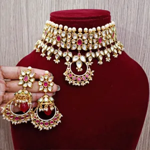 Designer Gold Plated Multi Layer Royal Kundan & Ruby Necklace with Earrings (D262)