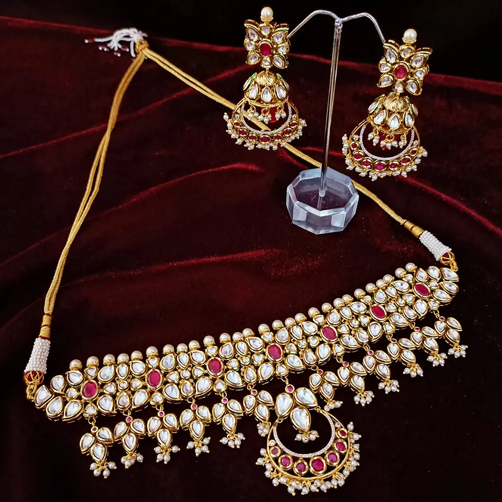 Designer Gold Plated Multi Layer Royal Kundan & Ruby Necklace with Earrings (D262)