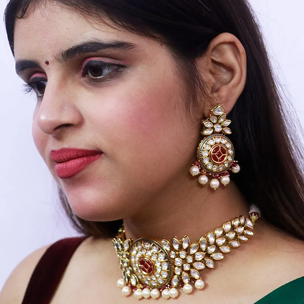 Designer Gold Plated Royal Kundan & Ruby Necklace (D531)