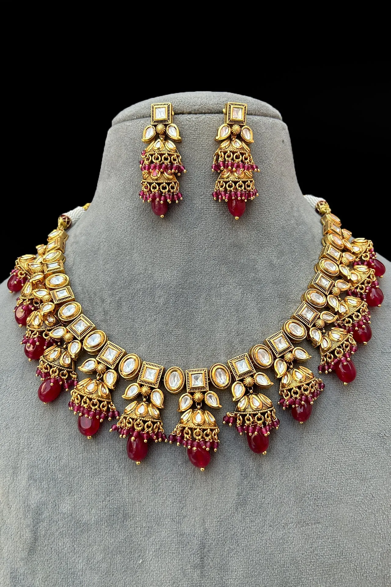 Designer Gold Plated Royal Kundan & Ruby Necklace with Earrings (D859)