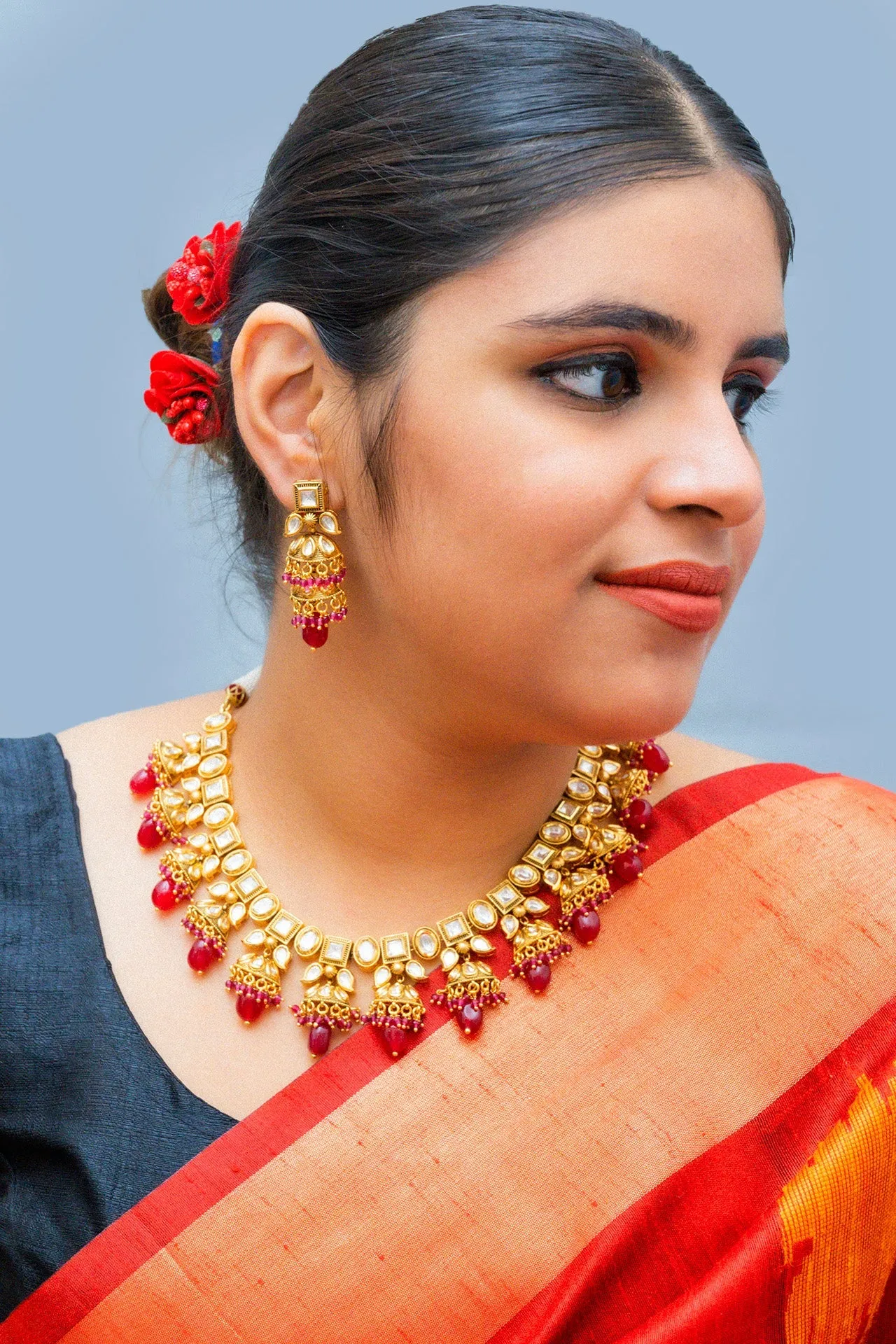 Designer Gold Plated Royal Kundan & Ruby Necklace with Earrings (D859)