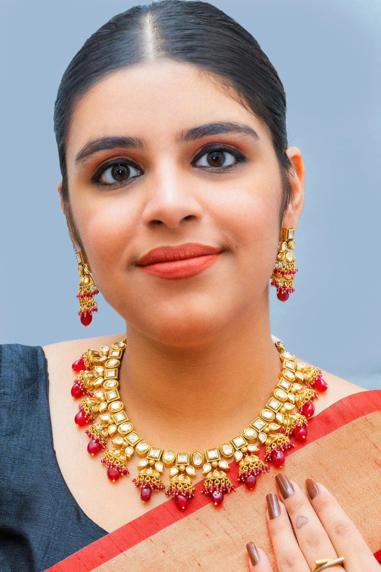 Designer Gold Plated Royal Kundan & Ruby Necklace with Earrings (D859)