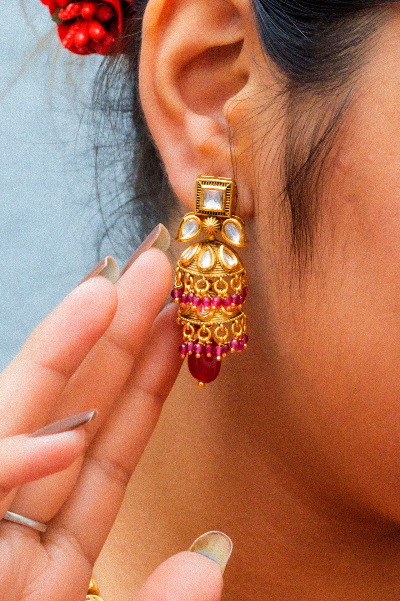 Designer Gold Plated Royal Kundan & Ruby Necklace with Earrings (D859)