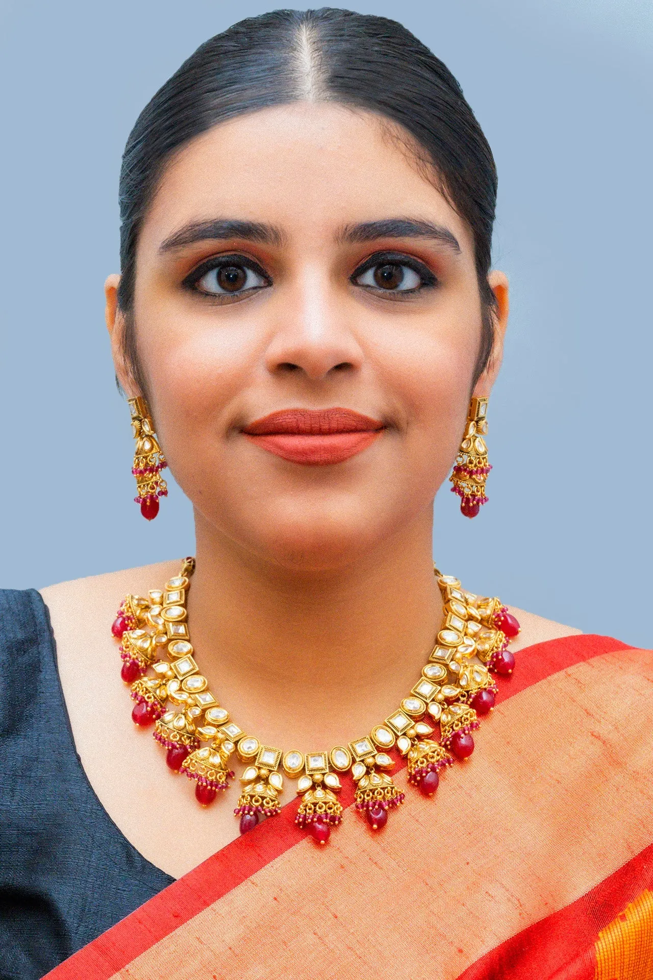 Designer Gold Plated Royal Kundan & Ruby Necklace with Earrings (D859)