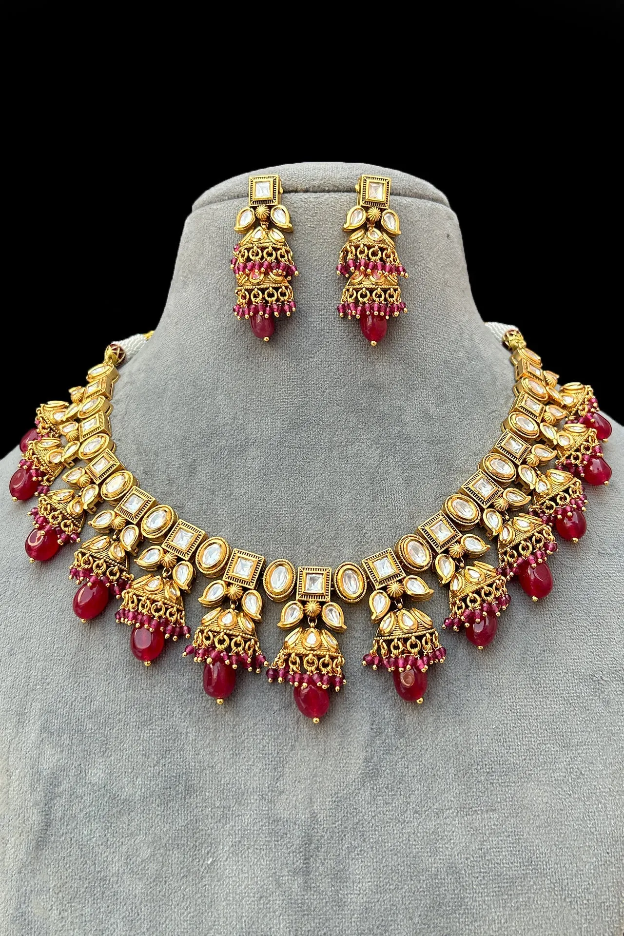 Designer Gold Plated Royal Kundan & Ruby Necklace with Earrings (D859)