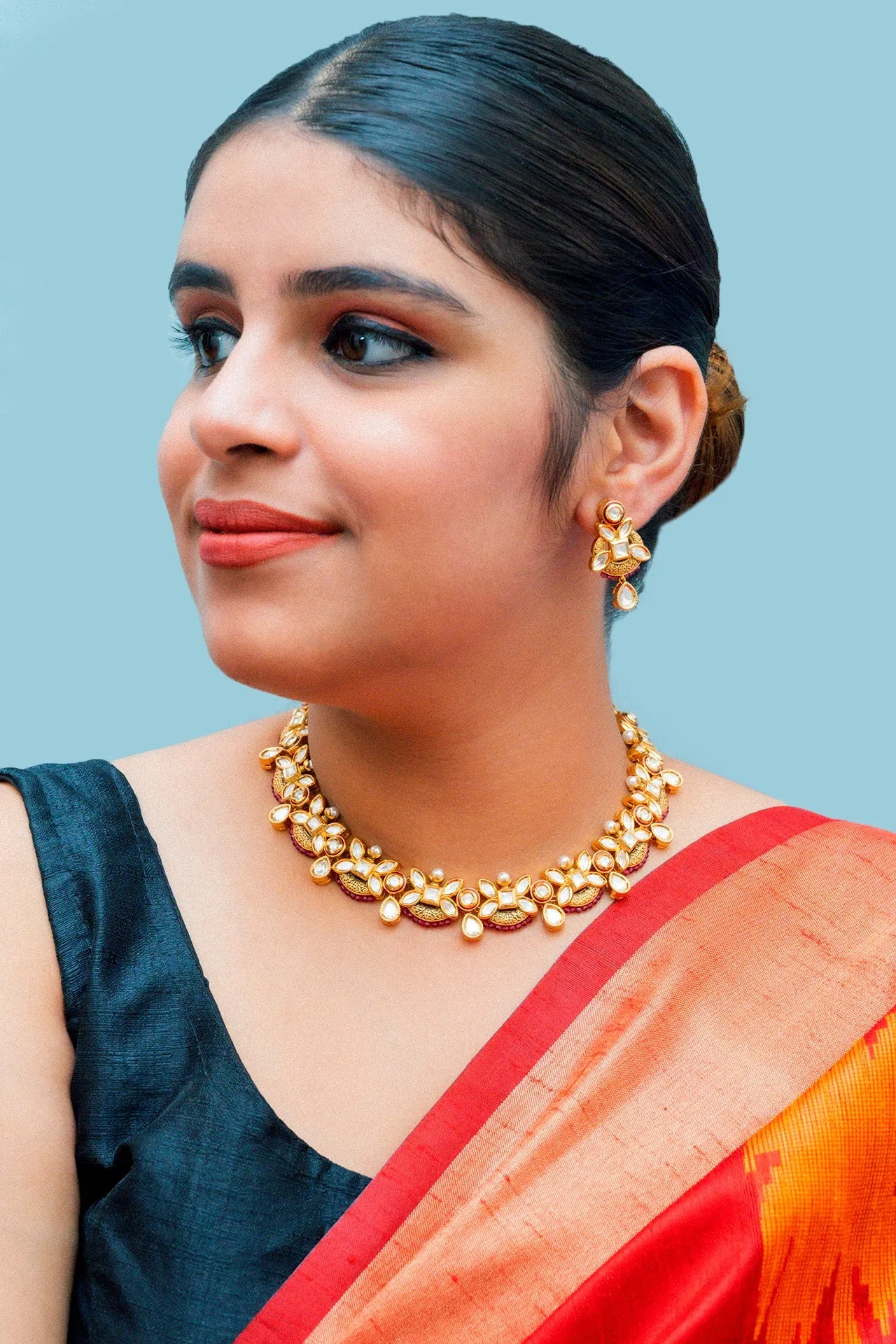 Designer Gold Plated Royal Kundan & Ruby Necklace with Earrings (D869)