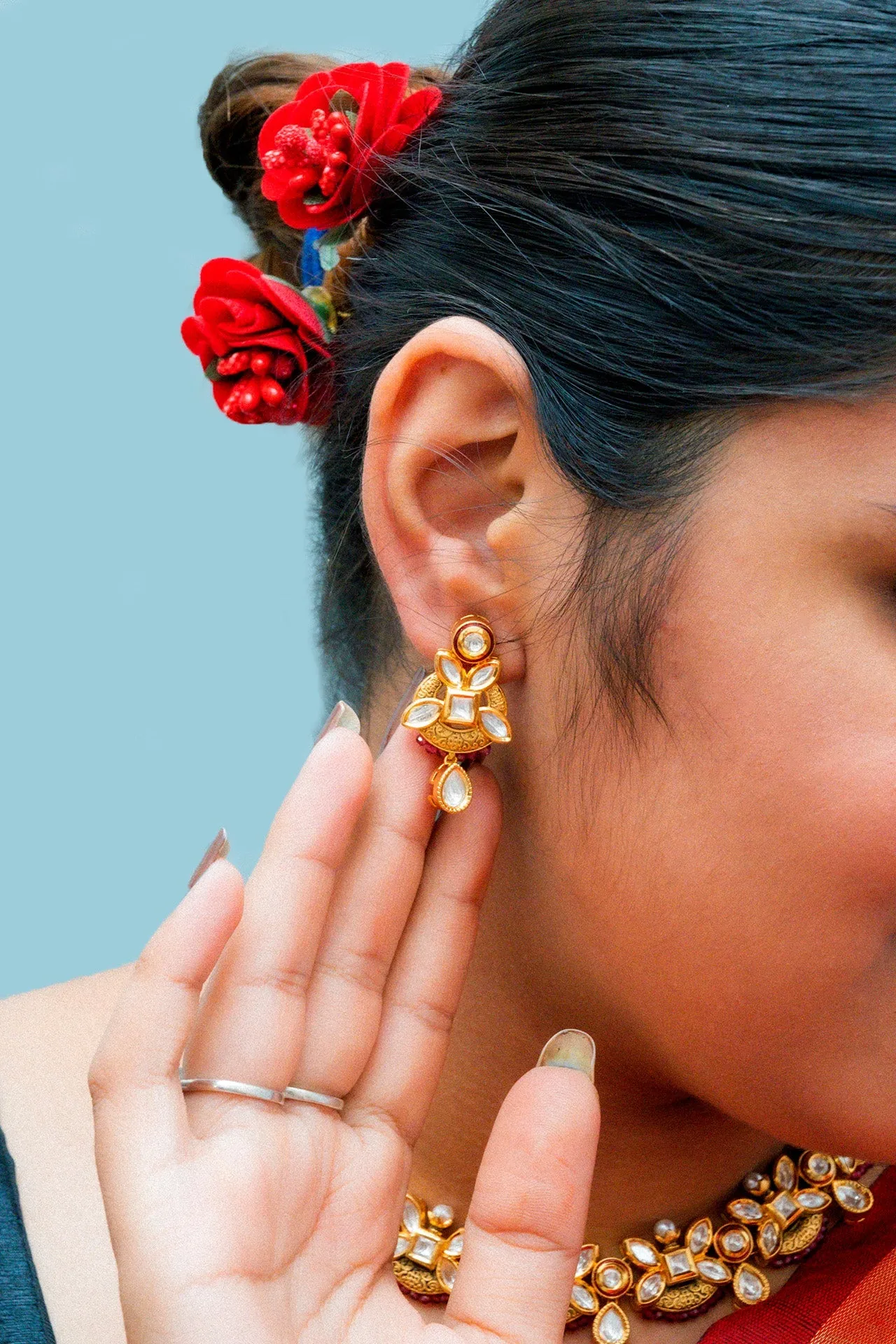 Designer Gold Plated Royal Kundan & Ruby Necklace with Earrings (D869)