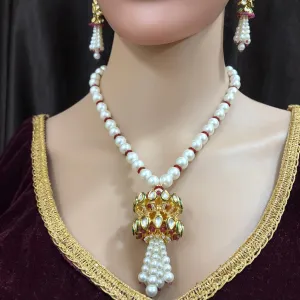 Designer Gold Plated Royal Kundan & Ruby Pendent Set With Pearl