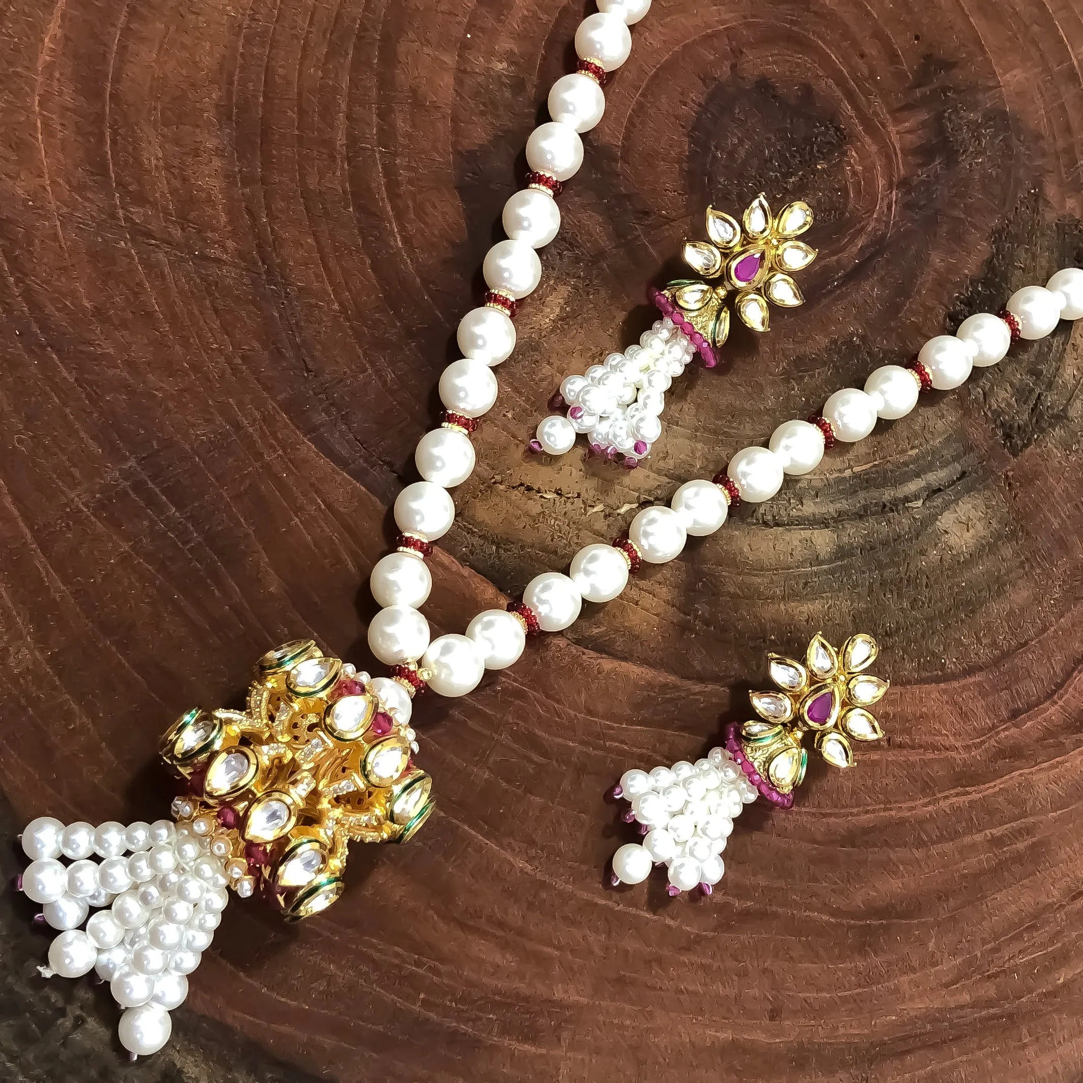 Designer Gold Plated Royal Kundan & Ruby Pendent Set With Pearl