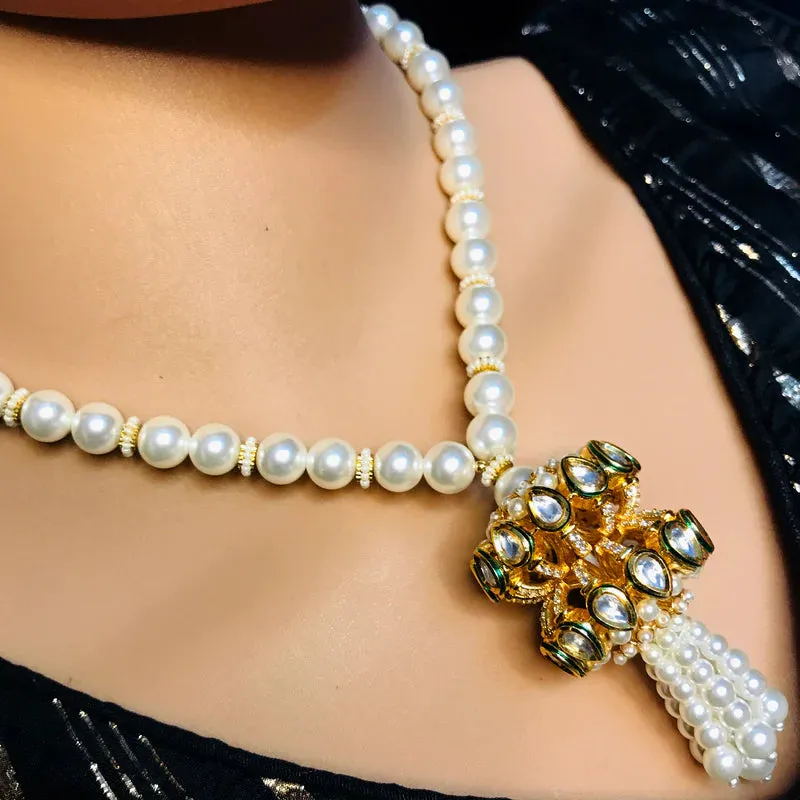 Designer Gold Plated Royal Kundan & Ruby Pendent Set With Pearl