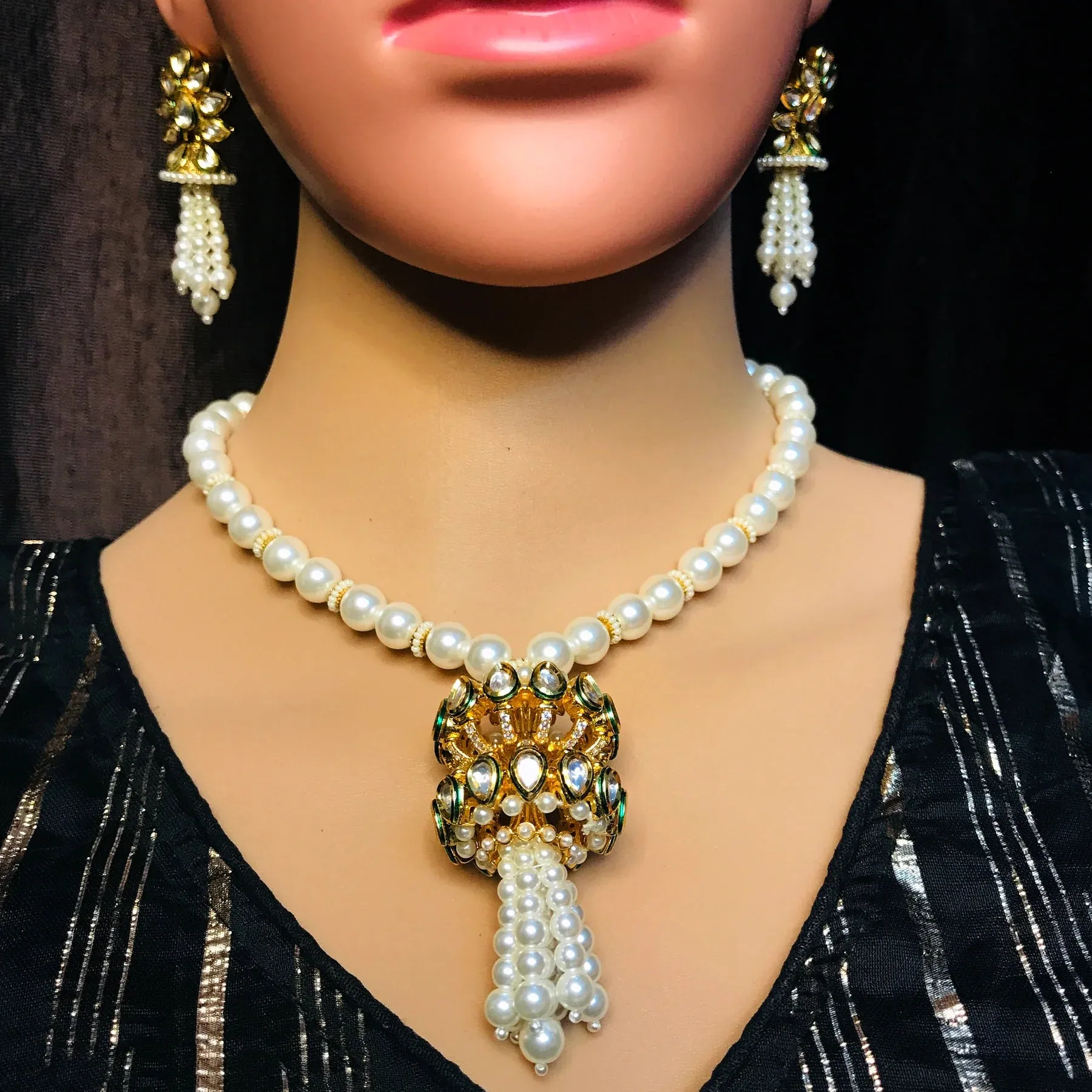 Designer Gold Plated Royal Kundan & Ruby Pendent Set With Pearl