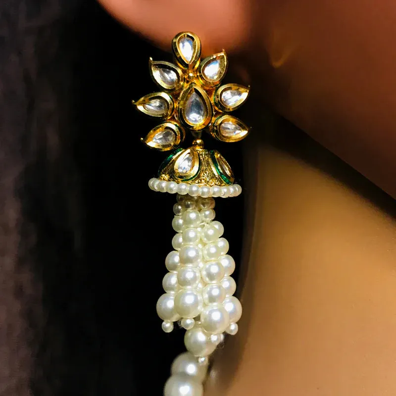 Designer Gold Plated Royal Kundan & Ruby Pendent Set With Pearl
