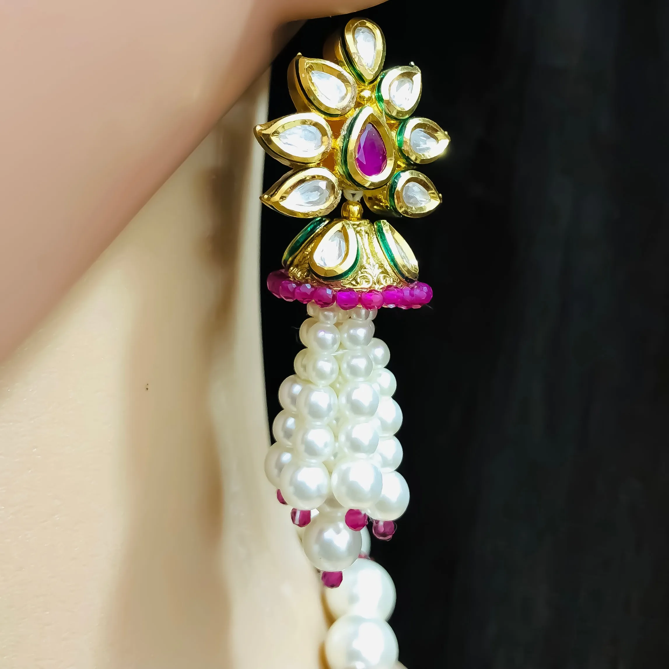 Designer Gold Plated Royal Kundan & Ruby Pendent Set With Pearl