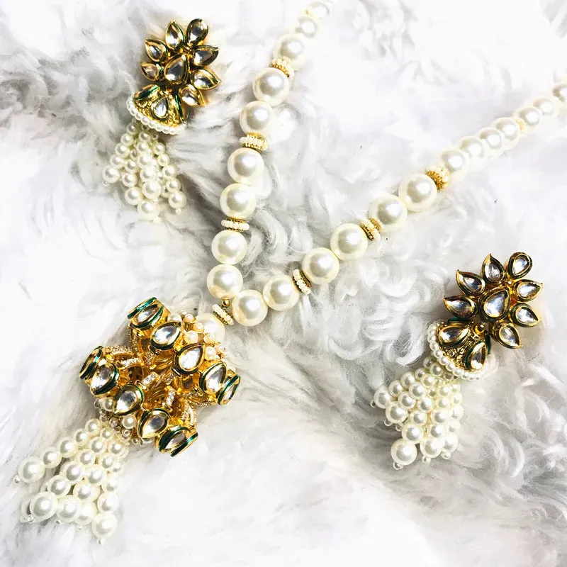 Designer Gold Plated Royal Kundan & Ruby Pendent Set With Pearl