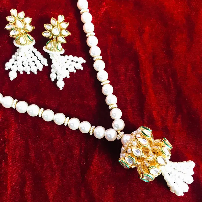 Designer Gold Plated Royal Kundan & Ruby Pendent Set With Pearl