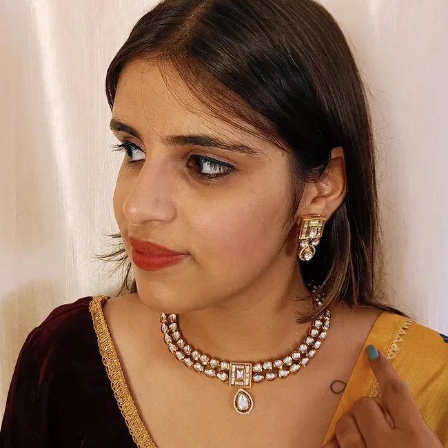 Designer Gold Plated Royal Kundan Necklace with Earrings (D387)