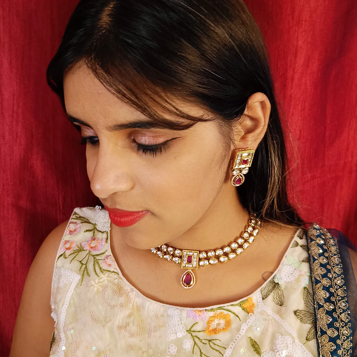 Designer Gold Plated Royal Kundan Necklace with Earrings (D387)