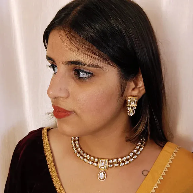 Designer Gold Plated Royal Kundan Necklace with Earrings (D387)