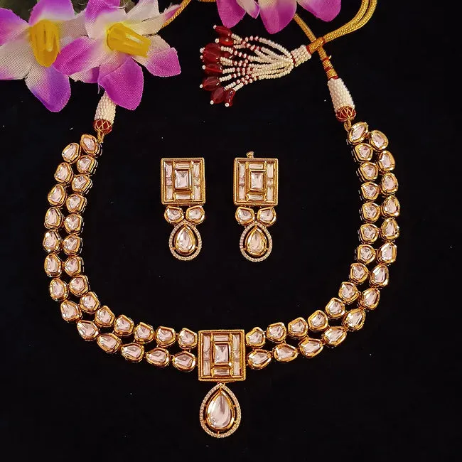 Designer Gold Plated Royal Kundan Necklace with Earrings (D387)