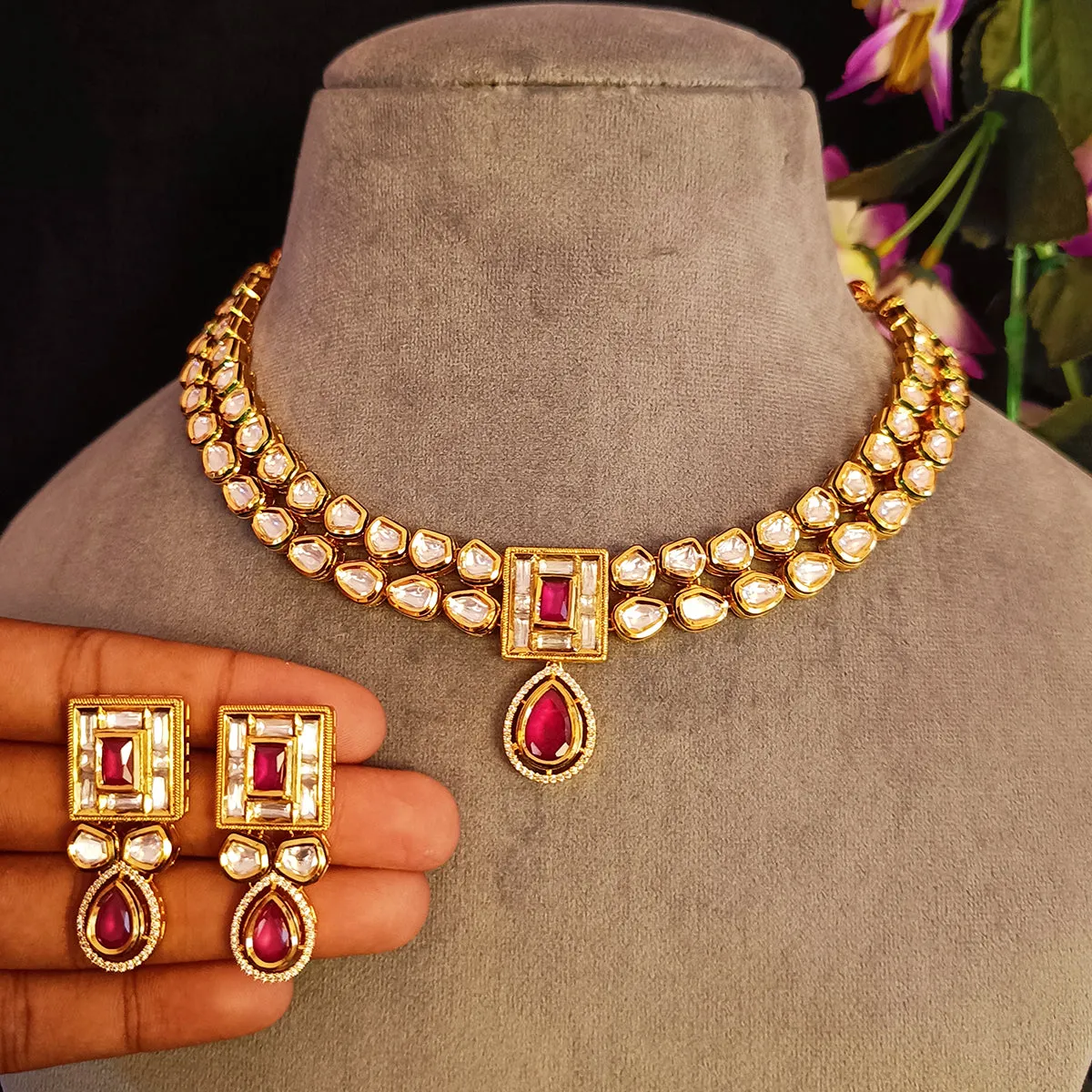 Designer Gold Plated Royal Kundan Necklace with Earrings (D387)