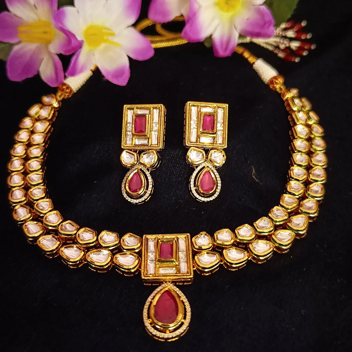 Designer Gold Plated Royal Kundan Necklace with Earrings (D387)