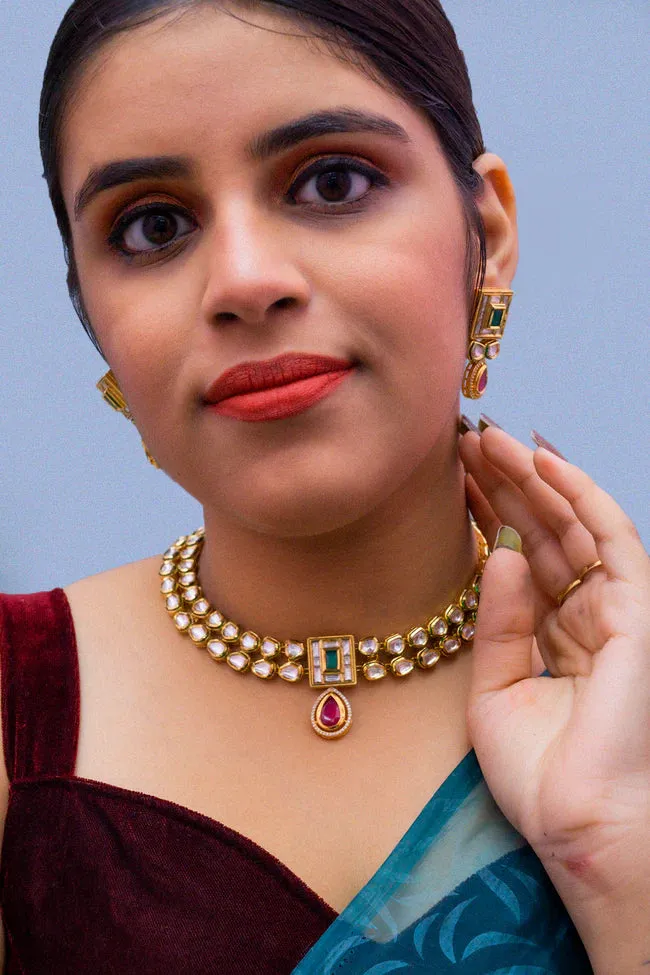 Designer Gold Plated Royal Kundan Necklace with Earrings (D387)