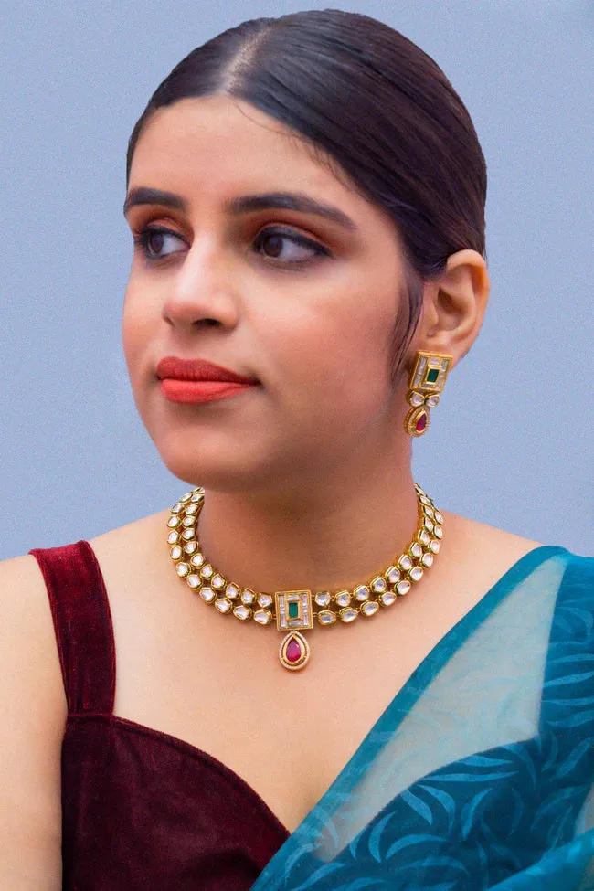 Designer Gold Plated Royal Kundan Necklace with Earrings (D387)