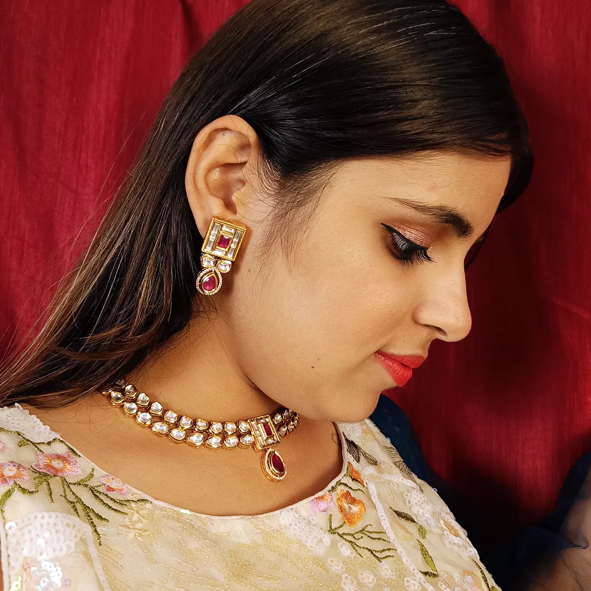 Designer Gold Plated Royal Kundan Necklace with Earrings (D387)