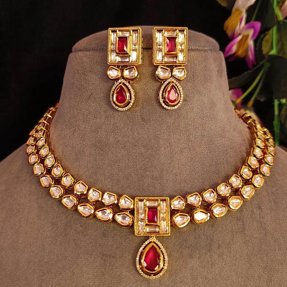 Designer Gold Plated Royal Kundan Necklace with Earrings (D387)