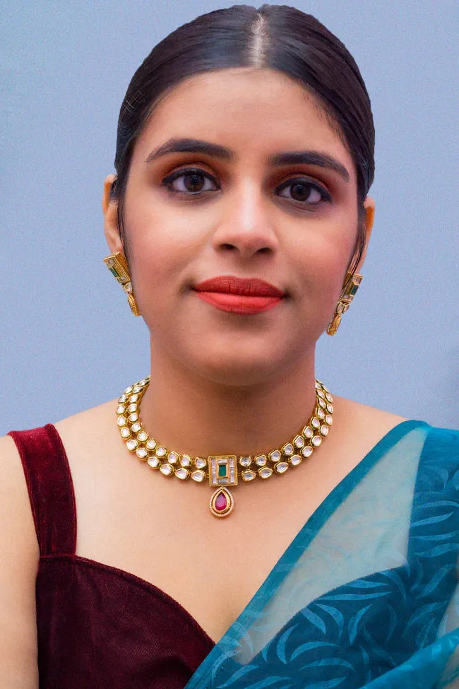 Designer Gold Plated Royal Kundan Necklace with Earrings (D387)