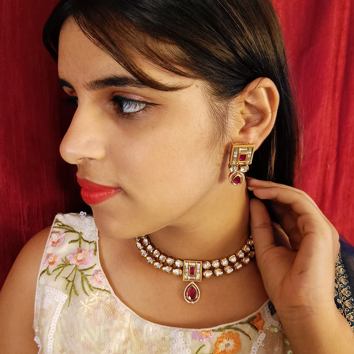 Designer Gold Plated Royal Kundan Necklace with Earrings (D387)