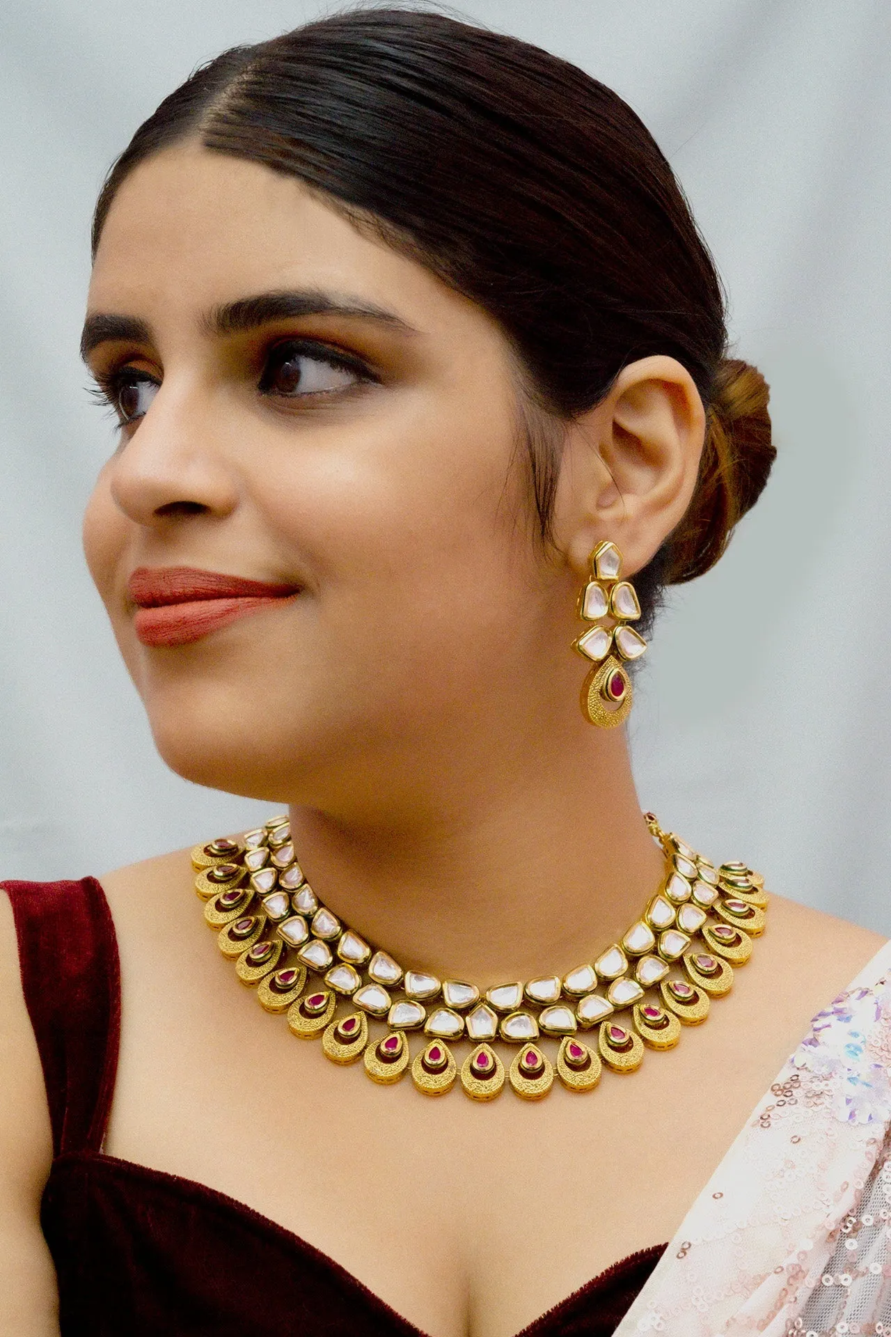 Designer Gold Plated Royal Kundan Necklace with Earrings (D817)