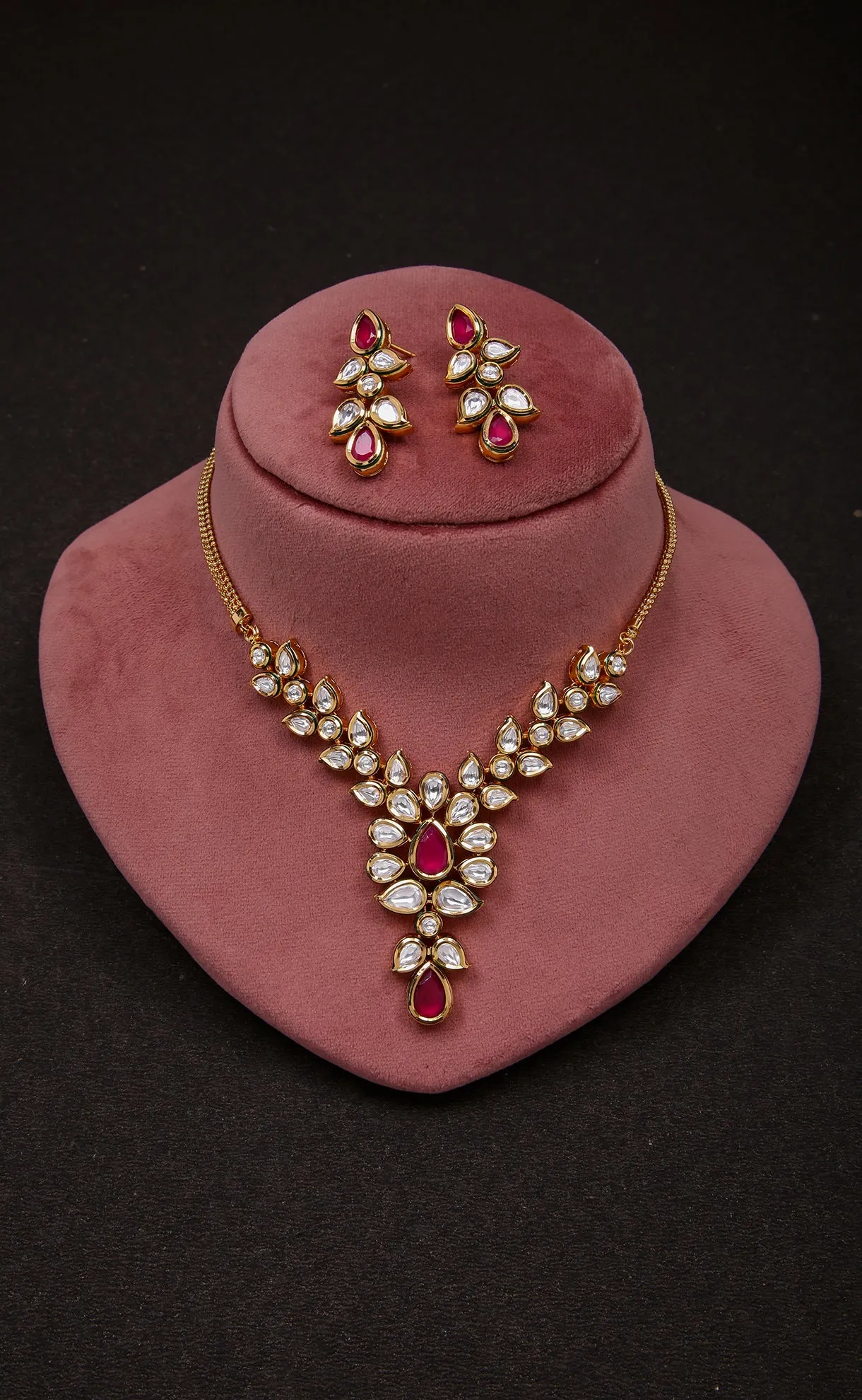 Designer Gold Plated Royal Kundan Ruby Necklace with Earrings (D284)