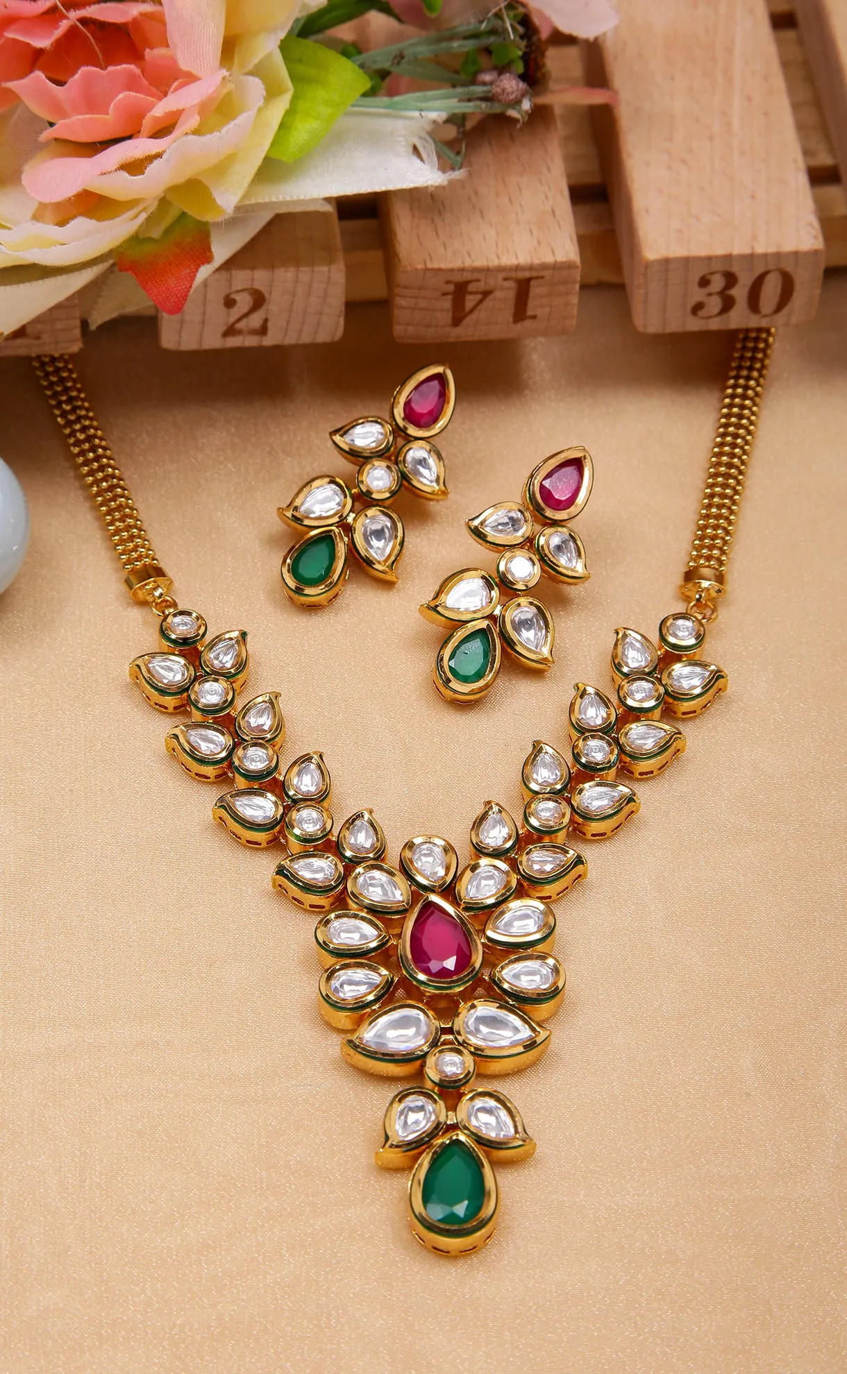Designer Gold Plated Royal Kundan Ruby Necklace with Earrings (D284)