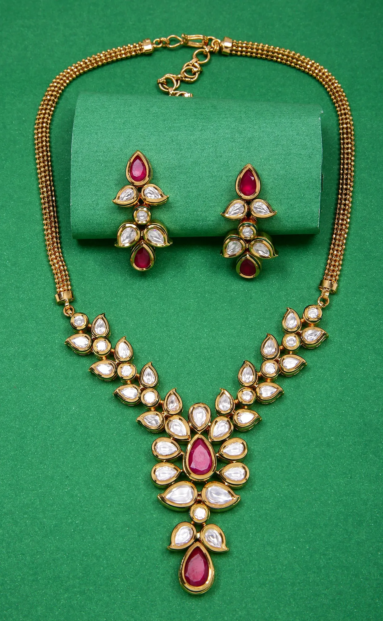 Designer Gold Plated Royal Kundan Ruby Necklace with Earrings (D284)
