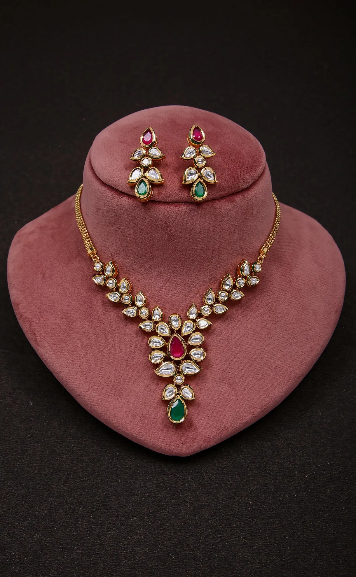 Designer Gold Plated Royal Kundan Ruby Necklace with Earrings (D284)