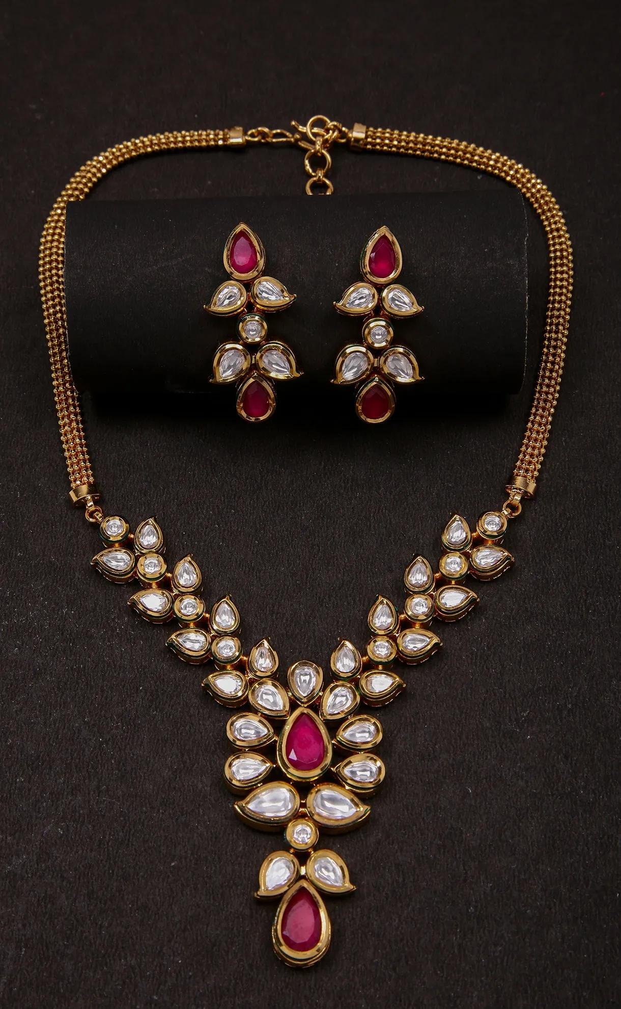 Designer Gold Plated Royal Kundan Ruby Necklace with Earrings (D284)