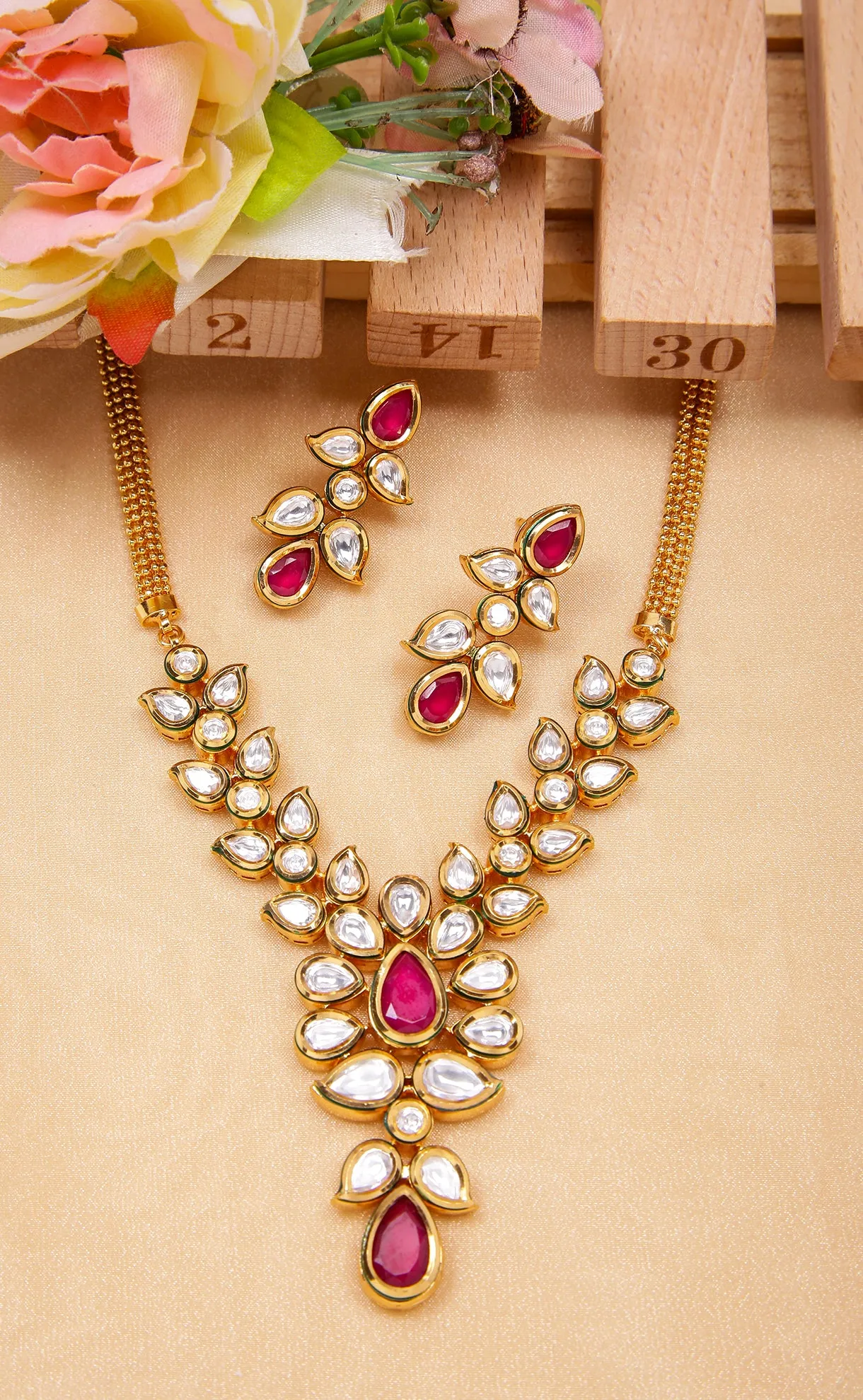 Designer Gold Plated Royal Kundan Ruby Necklace with Earrings (D284)