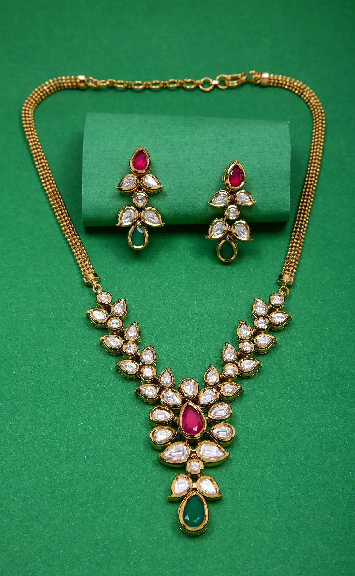 Designer Gold Plated Royal Kundan Ruby Necklace with Earrings (D284)