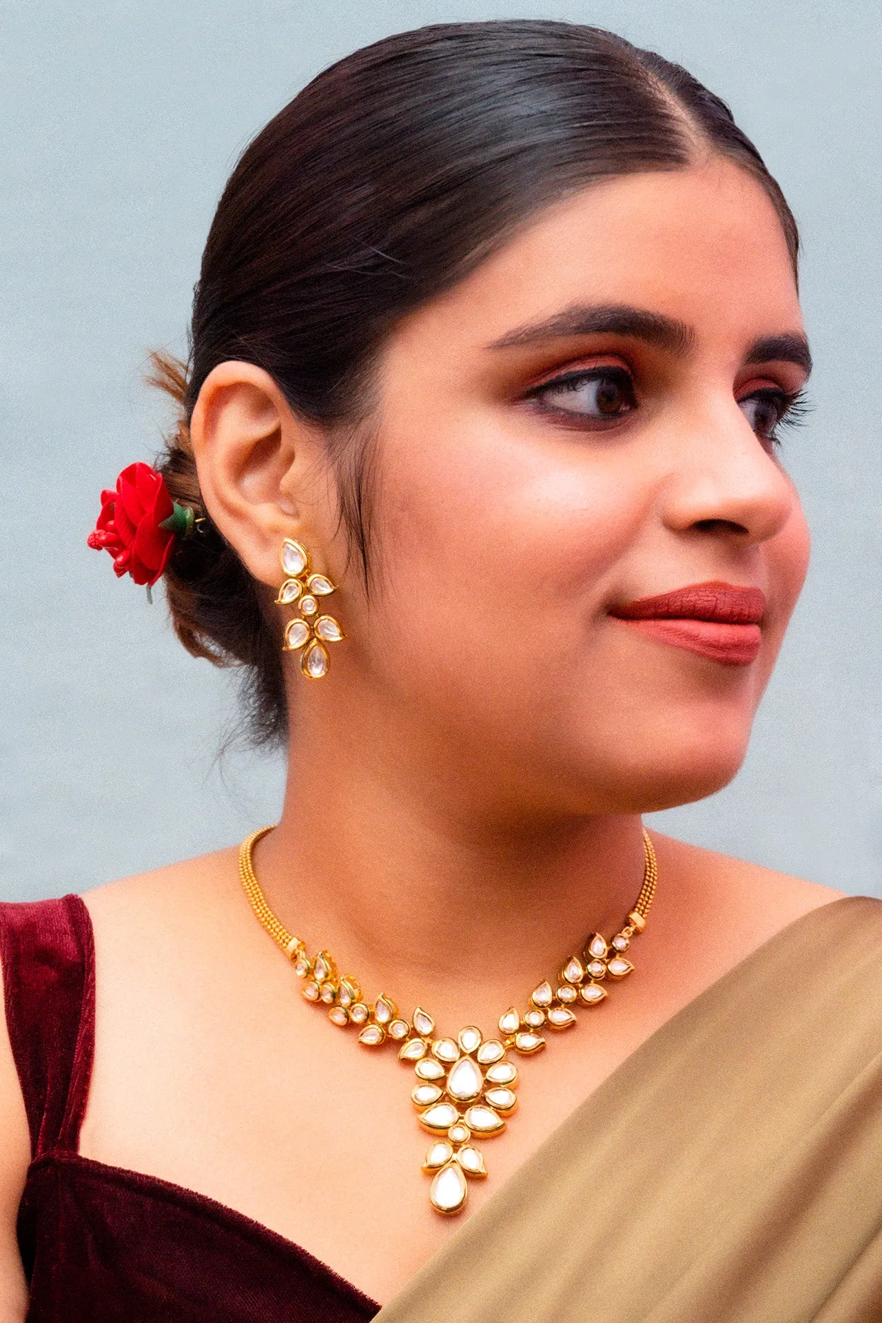 Designer Gold Plated Royal Kundan Ruby Necklace with Earrings (D284)