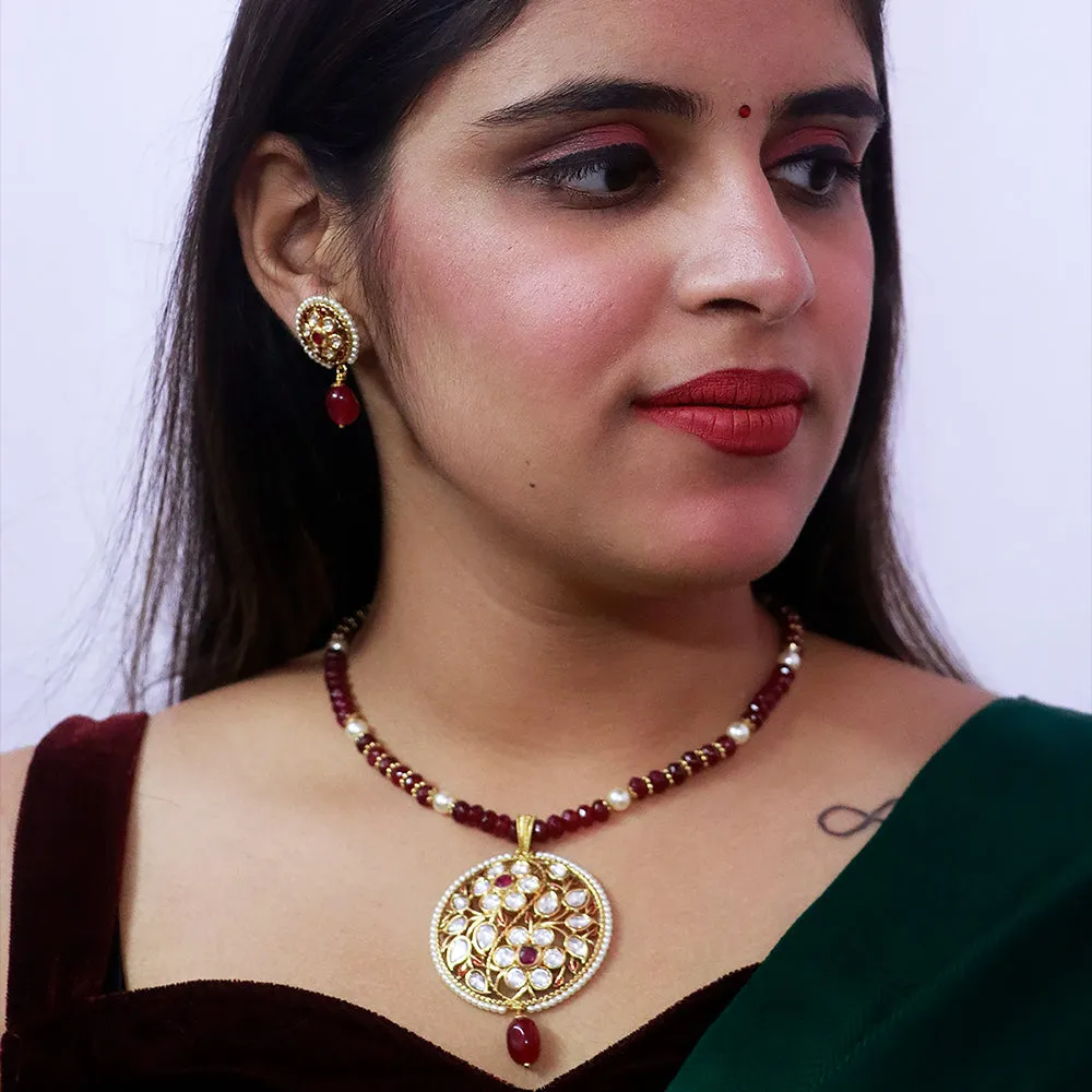 Designer Gold Plated Royal Kundan Ruby Pendant Set (D541)