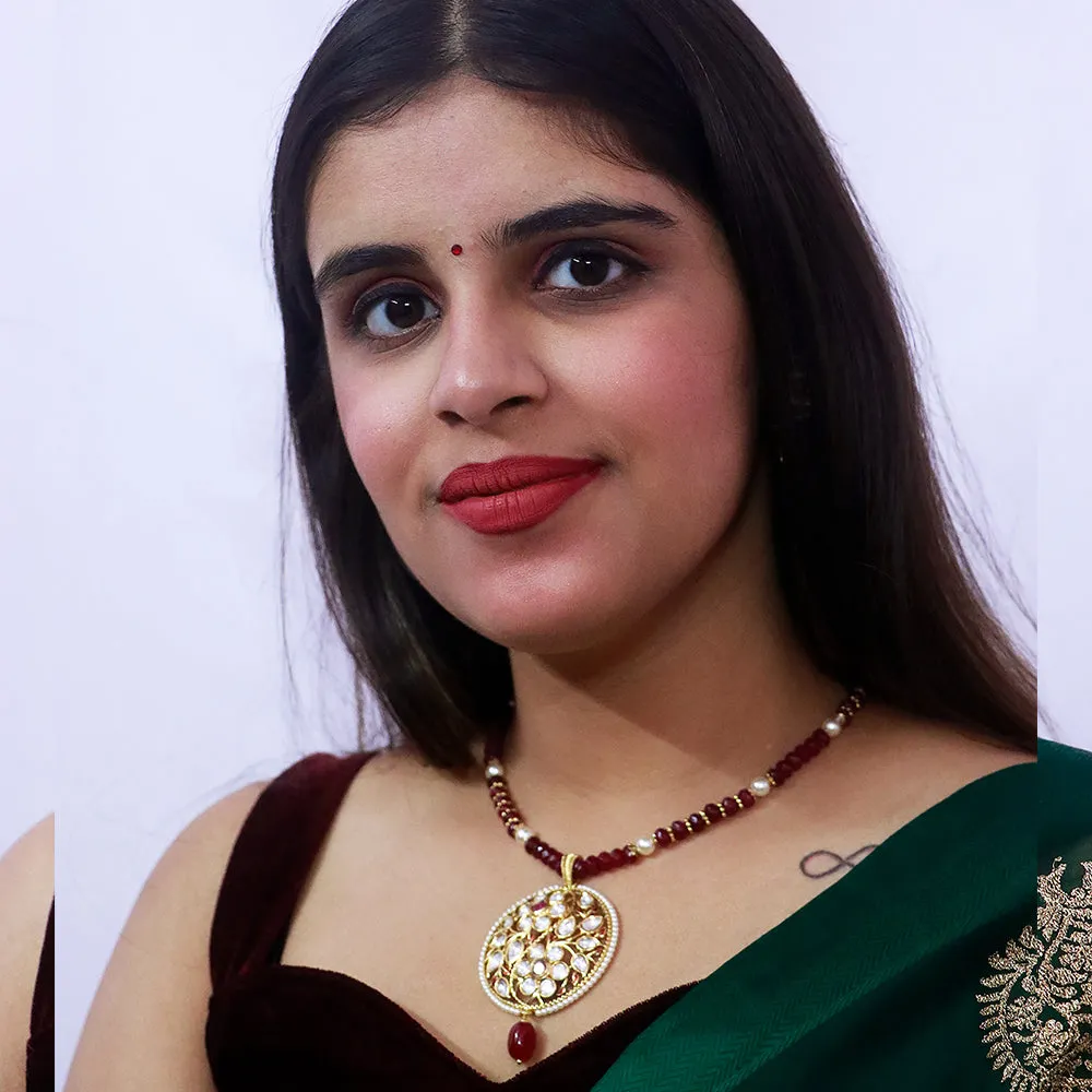 Designer Gold Plated Royal Kundan Ruby Pendant Set (D541)