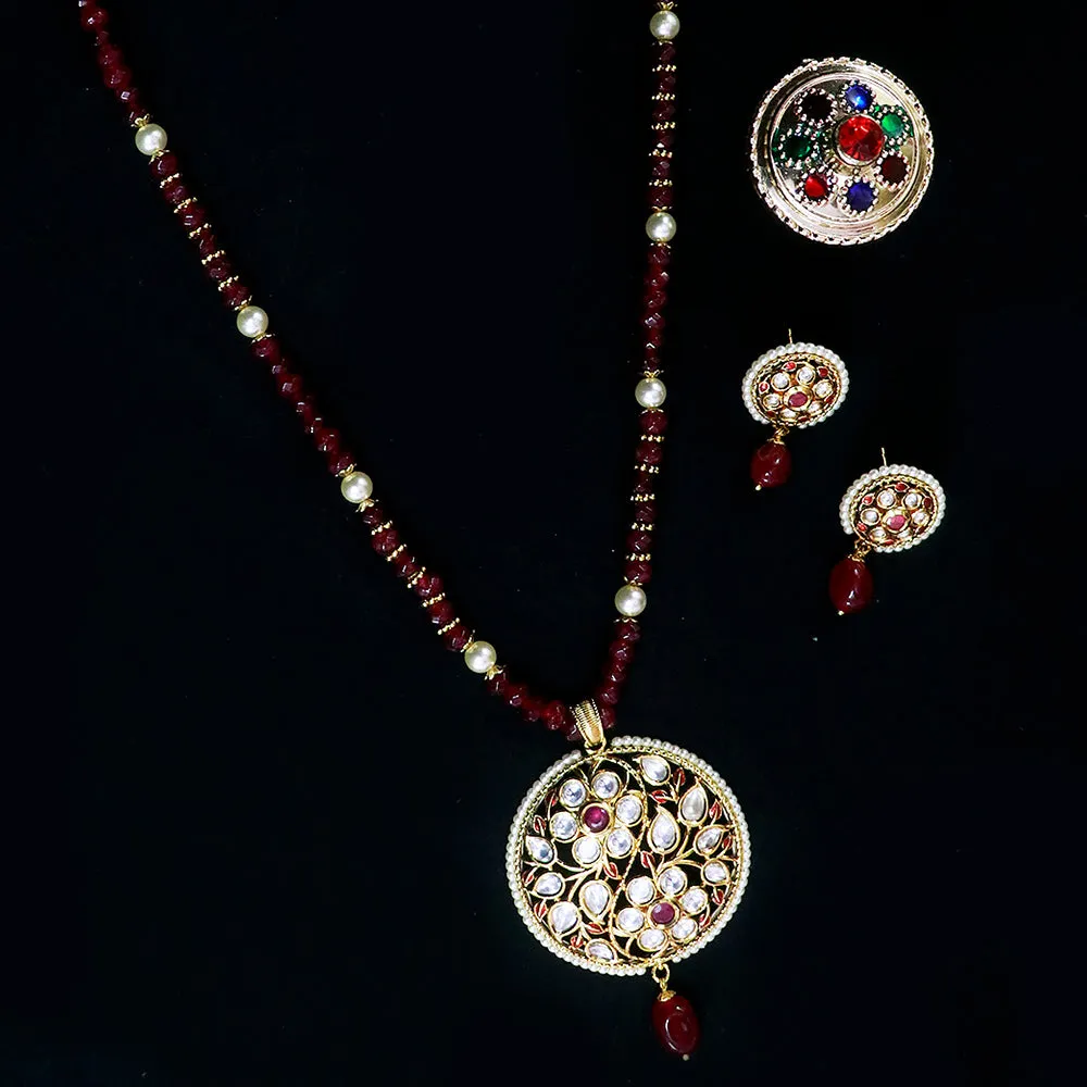 Designer Gold Plated Royal Kundan Ruby Pendant Set (D541)