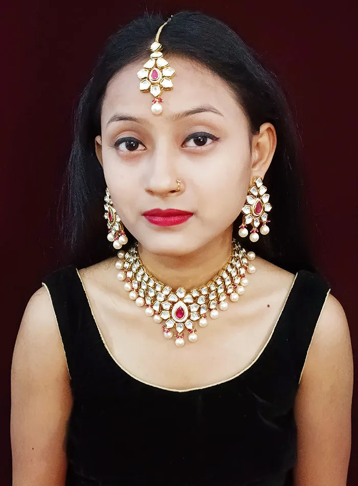 Designer Gold Plated Three Layer Royal Kundan & Pearl Necklace with Earrings (D261)