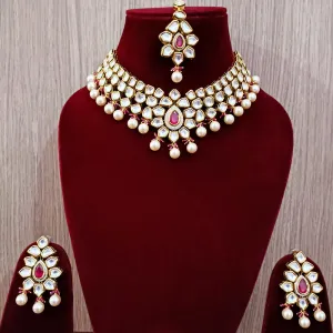 Designer Gold Plated Three Layer Royal Kundan & Pearl Necklace with Earrings (D261)