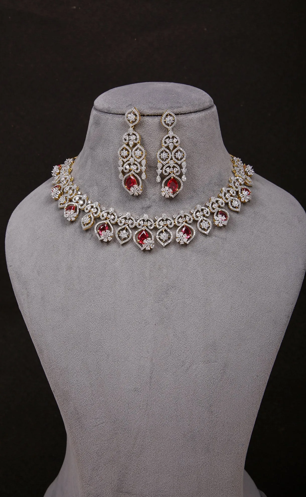 Designer Semi-Precious American Diamond Ruby Necklace with Earrings (D990)