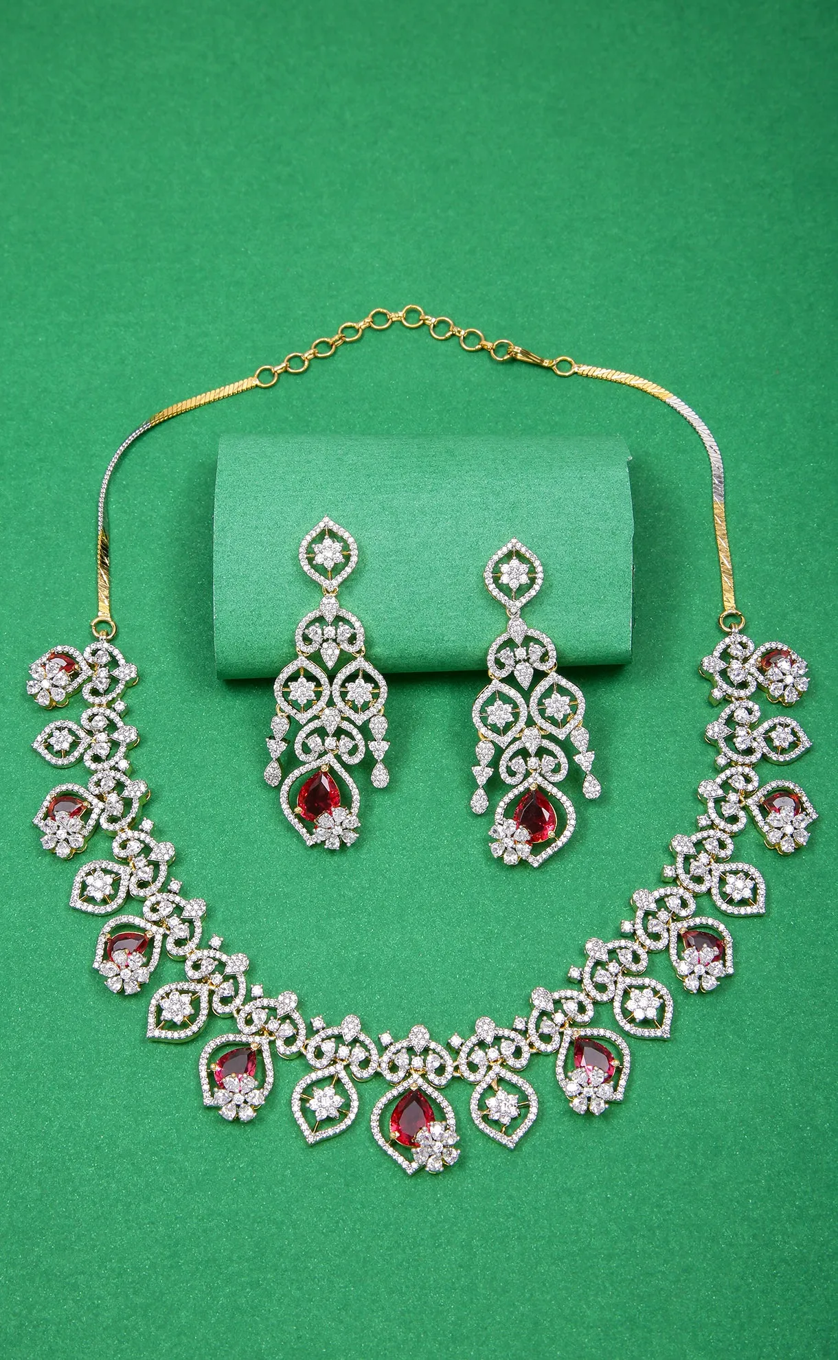 Designer Semi-Precious American Diamond Ruby Necklace with Earrings (D990)